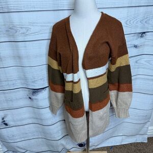 Pink Rose Multicolor Striped Cardigan, pockets